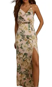 Lulus It’s Fate Pink Floral Satin Maxi Dress Size Small Cowl Neck Halter