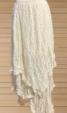 Ivory Lace Maxi Skirt Boho Prairie Cottagecore Fairy Ruffle Tiered Elastic Waist