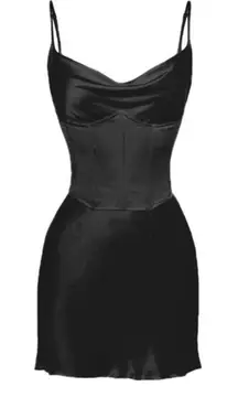 Black Corset Satin Slip Dress in Black