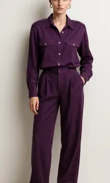 Vtg 90s Rafaella 100% Silk Purple‎ Shirt & Pants Set Sz 10/12 Minimalist Classic