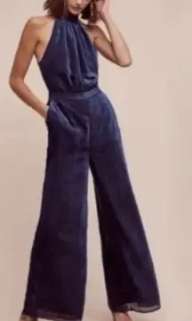Elevenses Anthropologie Blue Velvet Polka Dot Halter Neck Jumpsuit Womens Size 2