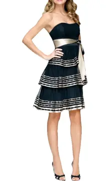 BCBG Max Zaria Dress Size 0 Black Gold Silk Trim Tiered Net Party Wedding Cruise