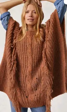 Anthropologie Marled Fringe Boho Oversized Poncho Bonze Prairie‎ One Size