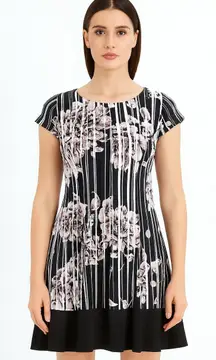 Connected Apparel Women's Size 8 A-Line Dress – Black Floral Stripe Short Sleeve
