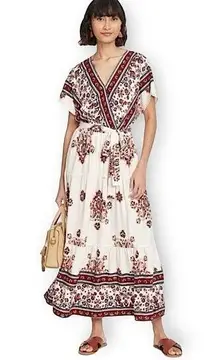 Ivory and Spice Floral Boho Tiered Wrap Dress, Medium