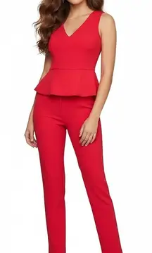 NWT BCBG MaxAzria Cerys in Lipstick Red Crepe Slim Leg Peplum Jumpsuit 4 x 31