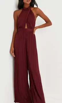 Lulus Confident Impression NWT size Large Burgundy Satin Pleated Halter Jumpsuit