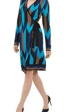 NWT INC Concepts Women's Size Large Blue Gold Long Sleeve Wrap Sweater Dress