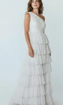 Mac Duggal White And Gold Polka Dot One Shoulder Tiered Dress  Size 0