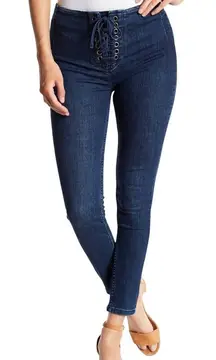 Free People Women's Lace Up Corset Front Skinny Jeans 30 Medium Wash Stretch Y2K