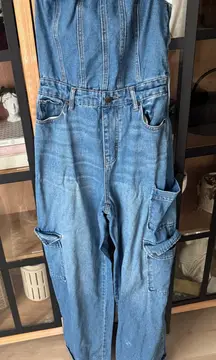 Wild Fable strapless denim jumpsuit utility corset cargo barrel leg jeans
