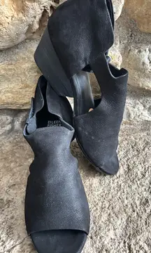 Eileen Fisher Black Leather Open Peep Toe Chunky Block Heeled Shoes Sandals 8