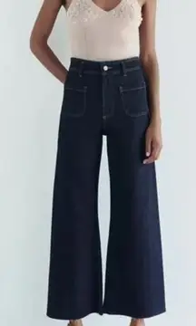 ZARA High Waist Patch Pocket Raw Hem Wide Leg Dark Wash Jeans Blue 6