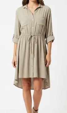 Japna Shirt Dress Womens XL Beige Button Front Roll Tab Sleeve High Low Casual