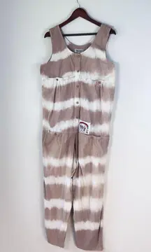 Vintage 80s Brown and White Tie Dye Woman's Button Up Jumpsuit Large Lagenlook