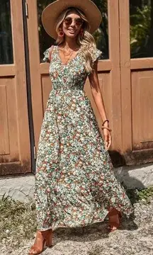 Women’s Ditsy Floral Ruffle Trim V Neck Smocked Waist Boho Maxi Dress Nwt