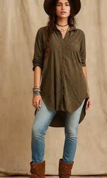 Free People x CP Shades High Low Button Down 100% Cotton Olive Brown Size XS