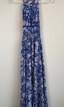 Abel the Label Blue Bell Cottage Floral Maxi Halter Backless Tie Back Dress Sz M