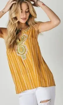 Davi & Dani Womens Tank‎ Size Medium Mustard Striped Embroidered Boho Top NEW