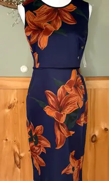 Madison Grey Elegant Floral Midi Dress in Navy and Orange NWT size 8