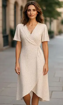 Everly Cream Polka Dot Print Midi Wrap Dress Large