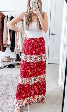 FARM RIO Antrhopologie Portia Red Ruffle Floral Maxi Skirt