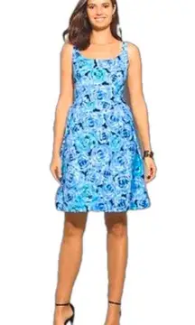 Luxe by Carmen Marc Valvo blue roses fit and flare dress  with pockets size 16P