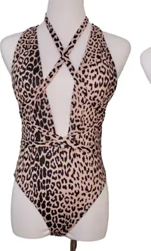 Shein Cheetah Print Deep Plunge Open‎ Back 1pc Swimsuit SMALL Beach Vacation