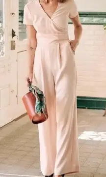 Sézane Magdalena wide leg Jumpsuit Rosy nude Beige tie wrap back Size 38 spring