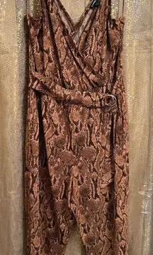 Express Brown Tan Snakeskin Print Belted Wrap Stretchy Jumpsuit Large