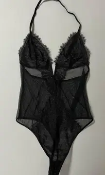 Victoria's Secret  Black Floral Lace Halter V-Neck Teddy Onesie Bodysuit Bra Bralette Lingerie Size XS 🖤