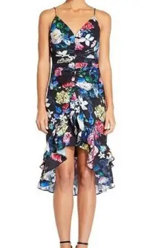 Aidan Mattox Black Burnout Floral Print Ruffled Hi-Low Cocktail Dress 8