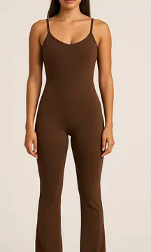 Women’s Spaghetti Strap Fitted Flare Jumpsuit –Brown – Stretchy One-Piece