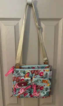 blue floral butterfly side sling crossbody adjustable shoulder bag.