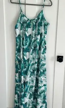 Boutique Women's S Palm Leaf Maxi Dress Blue Green Tropical Hawaiian Beach New