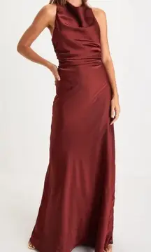 Lulu’s Effortlessly Sensational Wine Red Satin Black Tie Maxi Dress