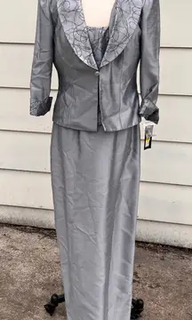 Cachet Silver Gray Embroidered Blouson Peplum Dress Matching Blazer Jacket 10