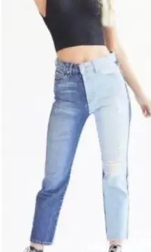 REVICE Two-Tone Yin Yang‎ Distressed Denim High Rise Straight Jeans Size 24