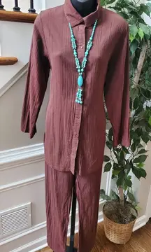 Chadwicks Women's Brown Cotton Long Sleeve Collared Shirt & Pant 2 Piece Suit L