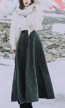 Stylish Faux Wool‎ Ankle Skirt & Mock Neck dropped shoulder Sweater Set, Size S,