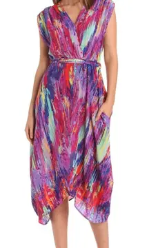 Charlie Jade Women's Multicolor 100% Silk‎ Belted Faux Wrap Dress Size XS