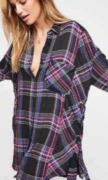 Free People  nordic day plaid side lace up button down shirt