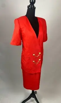 Vintage 80s Matching set skirt suit, 2 pc Red gold buttons & chain Plus Size