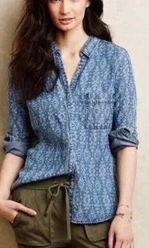 Anthropologie  Holding Horses Size 2 Chambray Denim Ikat L/S Button Down Shirt