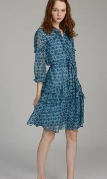 SALONI Tilly Silk Ruffle Belted Mini Dress Filigree Batik Blue Womens Size US 4