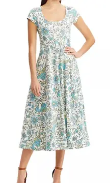 Chaps Women's Petite Peacock Floral Cap Sleeve Cotton Midi Dress PM White Blue