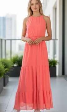 NWT The Vanity Room V Neck Strappy Tired Maxi Dress In Coral M