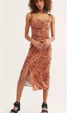 Free People Brown Animal Print  Show Stopper Midi Dress in Leo Combo