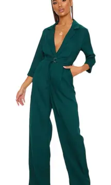 Pretty Little Thing Emerald Green Woven Plunge Wide Leg Long Sleeve Jumpsuit