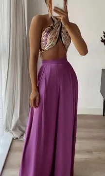 Zara satin effect wide leg fuchsia palazzo high waist flowy pants XS